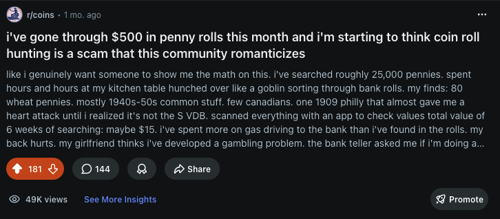 Viral Reddit post in r/coins generated with KarmaFuel